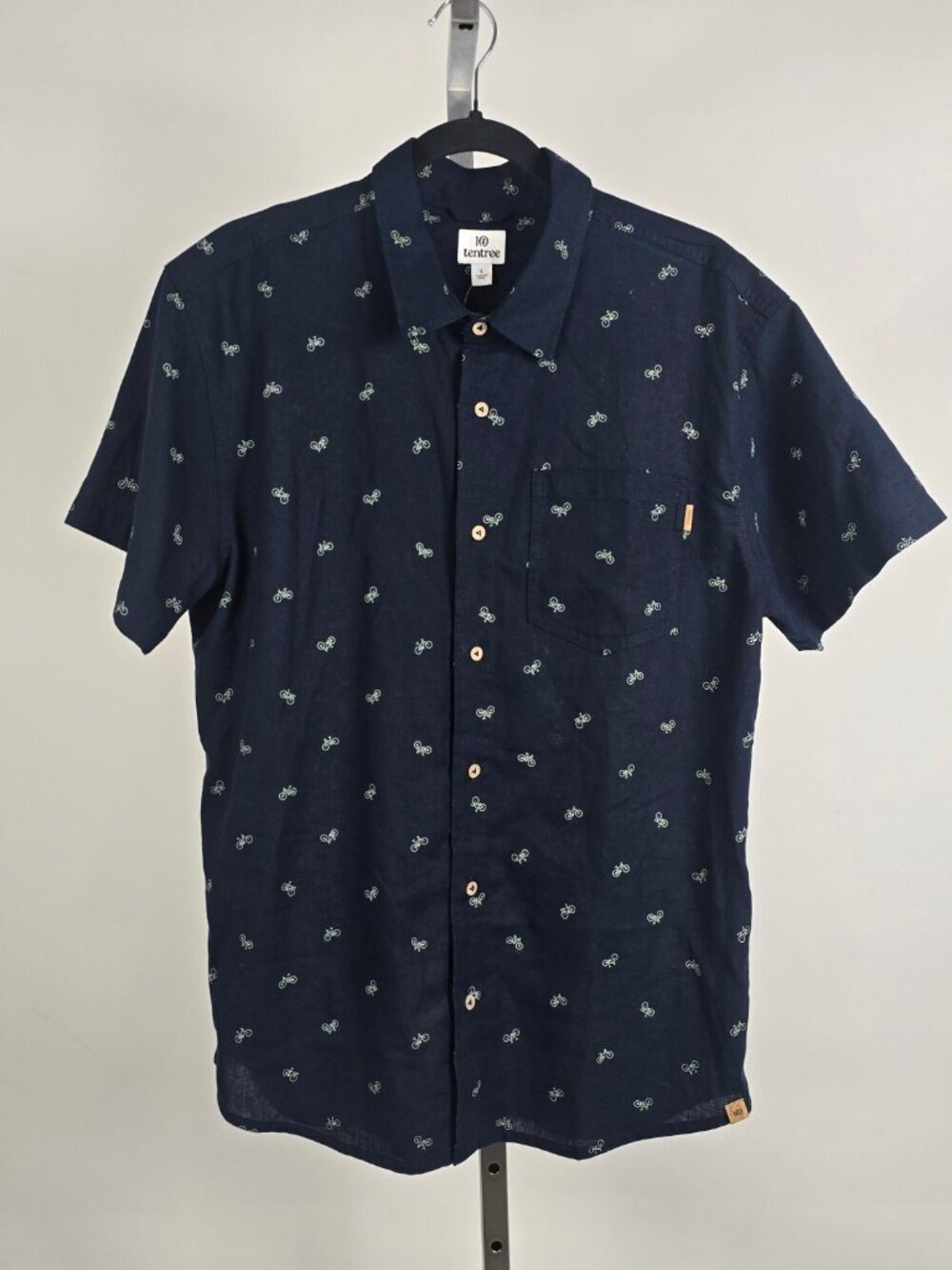 10 Tentree Mancos Hemp Blue Bike Around Print Button Collared Shirt Size L